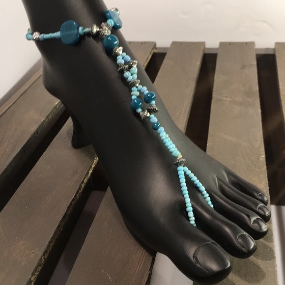 Jewelry - 💚Blue Beaded Foot Anklet Toe Ring Thong